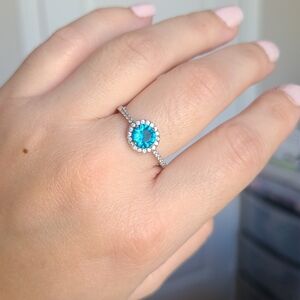 Vintage Sterling Silver Blue Aquamarine Topaz Crystal Circle Solitaire Ring